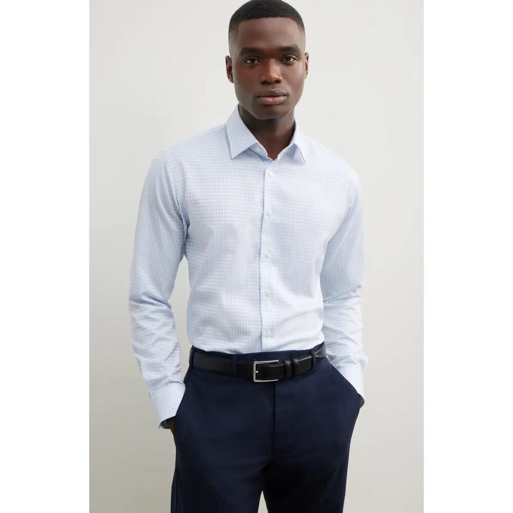Nordstrom Trim Fit White/Blue Grid Dress Shirt SZ 17 32/33